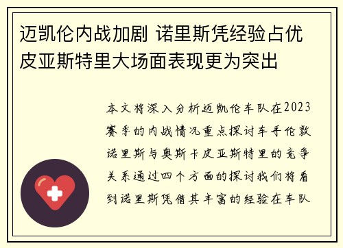 迈凯伦内战加剧 诺里斯凭经验占优 皮亚斯特里大场面表现更为突出